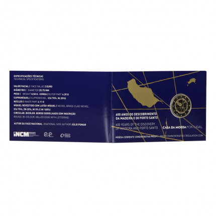 Blister Moeda KM#896 2 Euros 2019  FC Portugal América  600º aniversário da descoberta do arquipélago da Madeira PROOF B