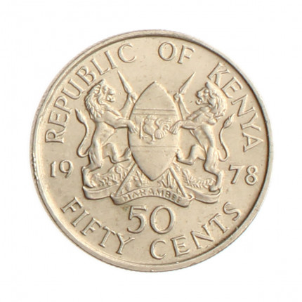 Moeda KM#13 50 Cents 1978 SOB Quênia África Cupro Níquel Ø20,96mm 3,89gr.