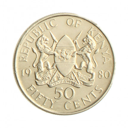 Moeda KM#19 50 Cents 1980 SOB Quênia África Cupro Níquel Ø21mm 3,91gr.