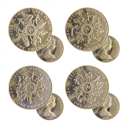 Set Completo 4 Moedas 1 Crown 1980 FC Ilha de Man Coleção Jogos Olímpicos de Verão e Inverno Cupro Níquel Ø38,61mm
