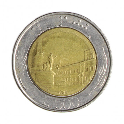 Km#111 500 Liras 1985 R MBC Itália Europa Bimetálico: Núcleo de bronze alumínio e de aço inoxidável 29.3(mm) 11(gr)