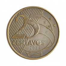 Moeda V-534 25 Centavos 2014 MBC Defeito na Coloração Aço R Bronze Ø25mm 7,5gr.*