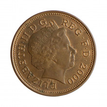 Moeda KM#987 2 Pence 2000 MBC+ Reino Unido Europa Aço Revestido de Cobre Ø25,9mm 7,12gr.