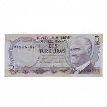 Cédula P#185 5 Lira 1976  Turquia Europa FE
