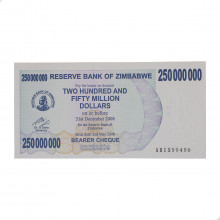 Cédula P#59 250.000.000 Dollars 2008  Zimbabwe África FE
