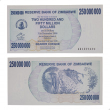 Cédula P#59 250.000.000 Dollars 2008  Zimbabwe África FE