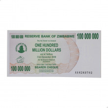 Cédula P#58 100.000.000 Dollars 2008  Zimbabwe África FE