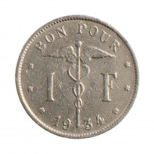 Moeda KM#89 1 Franc 1934 MBC Bélgica Europa  Níquel Ø23mm 5gr.