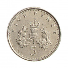 Moeda KM#988 5 Pence 2000 MBC Reino Unido Europa Cobre-níquel Ø18mm 3,25gr.