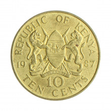 Moeda KM#18 10 Cents 1987 MBC Quênia África Latão R Níquel Ø30,8mm 9,4gr.