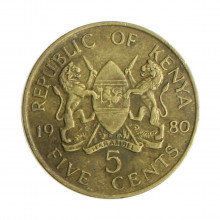 Moeda KM#17 5 Cents 1980 MBC Quênia África Latão R Níquel Ø25,5mm 5,6gr.