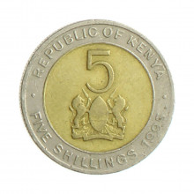 Moeda KM#30 5 Shillings 1995 MBC Quênia África Bimetálico Ø19,35mm 3,75gr.