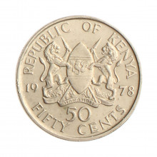 Moeda KM#13 50 Cents 1978 SOB Quênia África Cupro Níquel Ø20,96mm 3,89gr.