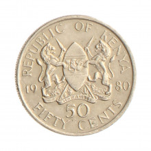 Moeda KM#19 50 Cents 1980 MBC Quênia África Cupro Níquel Ø21mm 3,91gr.