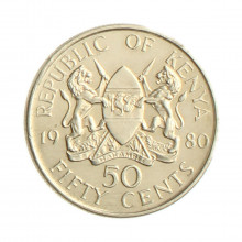 Moeda KM#19 50 Cents 1980 SOB Quênia África Cupro Níquel Ø21mm 3,91gr.