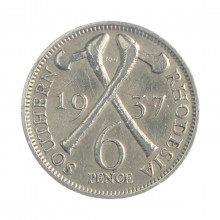 Moeda KM#10 6 Pence 1937 MBC Rodésia do Sul África Prata 0.925 Ø19,3mm 2,83gr.