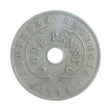 Moeda KM#8 1 Penny 1942 MBC Rodésia do Sul África Cupro-Níquel Ø27,1mm 6,48gr.