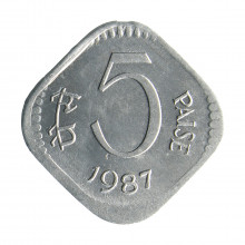 Moeda KM#23a 5 Paise 1987 SOB/FC 	India Ásia Alumínio Ø22mm 1,03gr.
