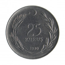 Moeda km#892 25 Kuruş 1970 SOB/FC Turquia Ásia Aço Inoxidável Ø22,6mm 5gr.