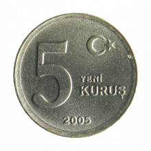 Moeda km#1165 5 Kuruş 2005 FC Turquia Ásia Latão R Níquel Ø17mm 2,95gr.