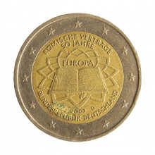 Moeda KM#259 2 Euros 2007 D MBC Alemanha Europa Tratado de Roma Bimetálico Ø25,75mm 8,5gr.