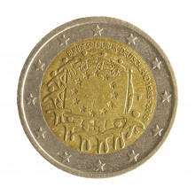 Moeda KM#339 2 Euros 2015 F MBC Alemanha Europa 30 anos da bandeira da União Europeia Bimetálico Ø25,75mm 8,5gr.