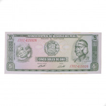 Cédula P#99c 5 Soles de Oro 1974 c/ mancha Peru América SOB/FE