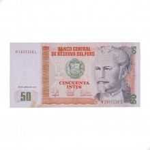 Cédula P#131b 50 Intis 1987 c/ mancha Peru América SOB/FE