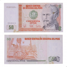 Cédula P#131b 50 Intis 1987 c/ mancha Peru América SOB/FE