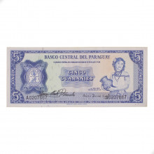 Cédula P#194 5 Guaraníes 1963 Paraguai América SOB