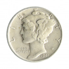 Moeda KM#140 One Dime Mercury 1941 D MBC USA América Prata 0.900 Ø17,9mm 2,5gr.