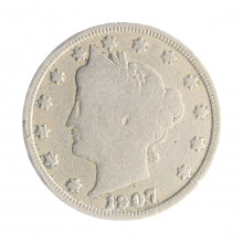 Moeda KM#112 Five Cents Liberty 1907 BC USA América Cobre R Níquel Ø21,2mm 5gr.