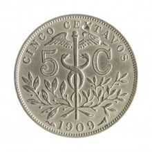 Moeda KM#173.1 5 Centavos 1909 SOB Bolívia América Cobre R Níquel Ø20,5mm 2,5gr.