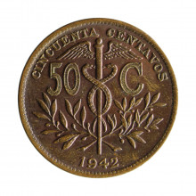 Moeda KM#182a.1 50 Centavos 1942 MBC/SOB Bolívia América Latão Ø24,6mm 5,1gr.
