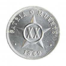 Moeda KM#35.1 20 Centavos 1969 SOB Cuba América Patria o Muerte Alumínio Ø24mm 2gr.