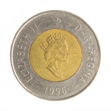 Moeda KM#270 2 Dollars 1996 MBC Canadá América Rainha Elizabeth Bimetálico Ø28mm 7,3gr.