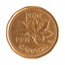 Moeda KM#181 1 Cent 1991 SOB/FC Canadá América Rainha Elizabeth Bronze Ø19,1mm 2,5gr.
