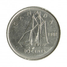 Moeda KM#77.2 10 Cents 1987 MBC Canadá América Rainha Elizabeth Níquel Ø18,03mm 2,07gr.