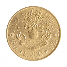 Moeda KM#164 200 Lire 1994 R MBC+ Itália Europa 180º aniversário da fundação do Braço dos Carabineiros Bronzital Ø24mm 5
