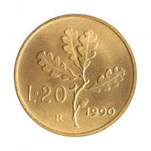Moeda KM#97.2 20 Lire 1990 R FC Itália Europa Bronzital Ø21,25mm 3,6gr.