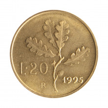 Moeda KM#97.2 20 Lire 1995 R SOB/FC Itália Europa Bronzital Ø21,25mm 3,6gr.