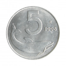 Moeda KM#92 5 Lire 1998 R FC Itália Europa Alumínio Ø20,2mm 1gr.