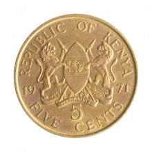 Moeda KM#10 5 Cents 1971 MBC+ Quênia África Latão R Níquel Ø25,5mm 5,6gr.