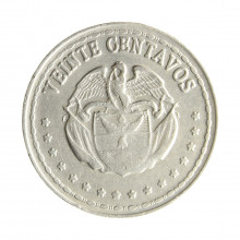 Moeda KM#215.1 20 Centavos 1959 SOB/FC Colômbia América Cupro-níquel Ø23mm 5gr.
