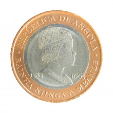 Moeda KM#111 20 Kwanzas 2014 FC Angola África Rainha Njinga a Mbande Bimetálica Ø28mm 2,56gr