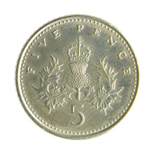 Moeda KM#937b 5 Pence 1991 FC Reino Unido Europa Rainha Elizabeth II Cuproníquel Ø18mm 3,25gr