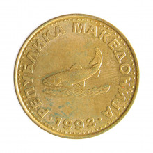 Moeda KM#3 2 Dinares 1993 MBC Macedônia Europa Peixe Latão revestido de níquel Ø25,5mm 6,2gr