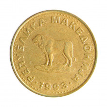 Moeda KM#2 1 Dinar 1993 MBC Macedônia Europa Cão pastor macedônio Latão Ø23,8mm 5,1gr