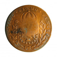 Moeda C-607 40 Réis 1826 R MBC+ c/ Carimbo Geral 20 c/ Verniz Cobre Ø35mm 14,34gr.