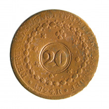 Moeda C-605a 40 Réis 1824 R BC/MBC c/ Carimbo Geral 20 Disco Grosso Cobre Ø35mm 14,34gr.